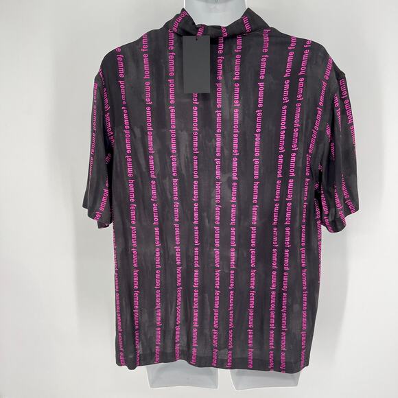 Homme + Femme NEW Striped Logo Camp Shirt Mens Sz M Black Purple Short Sleeve - Picture 4 of 8